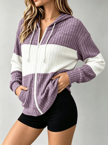 Women's Color Block Hooded Cardigan - Lightweight Button Front detail view