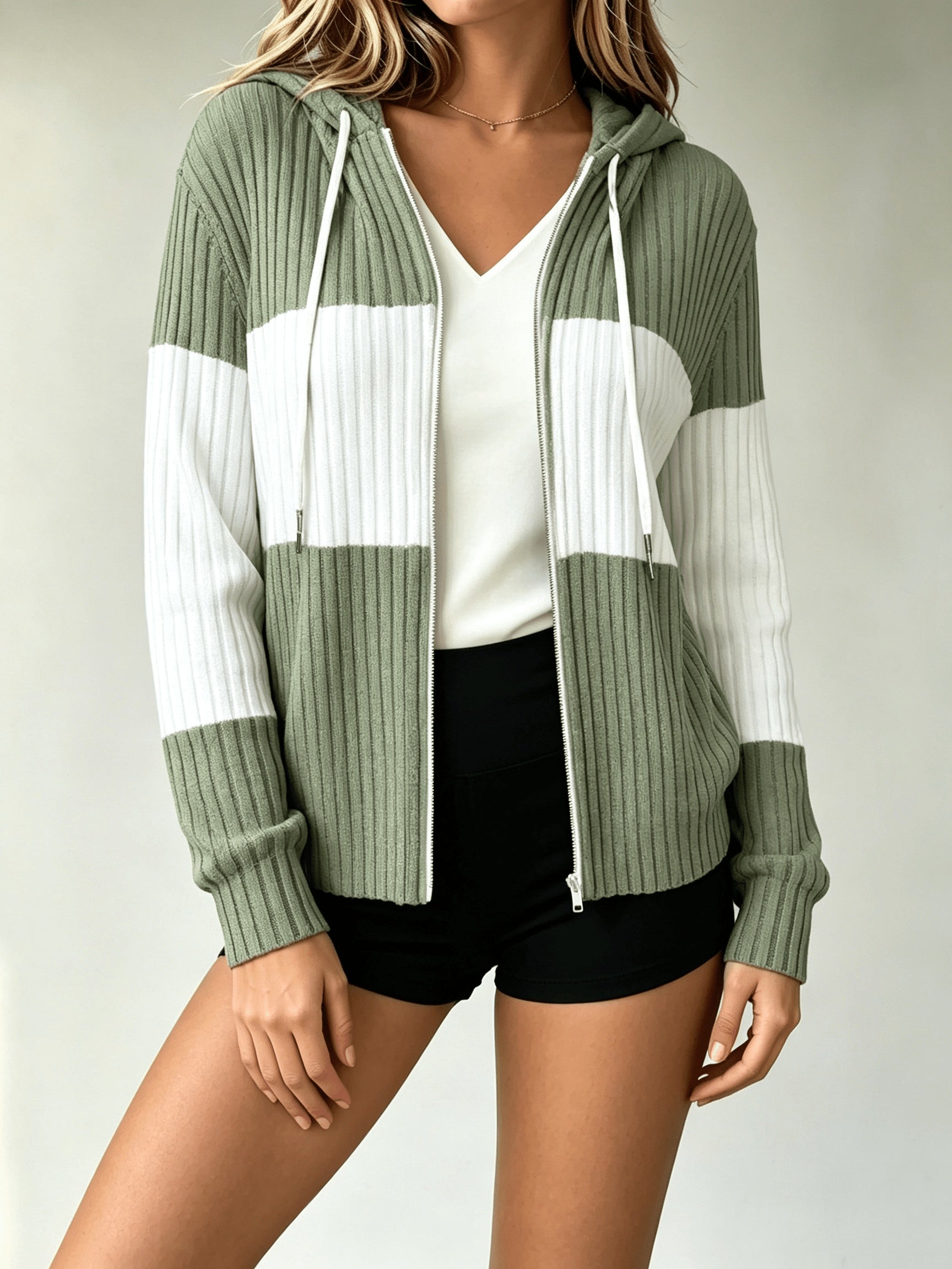 Women's Color Block Hooded Cardigan - Lightweight Button Front detail view