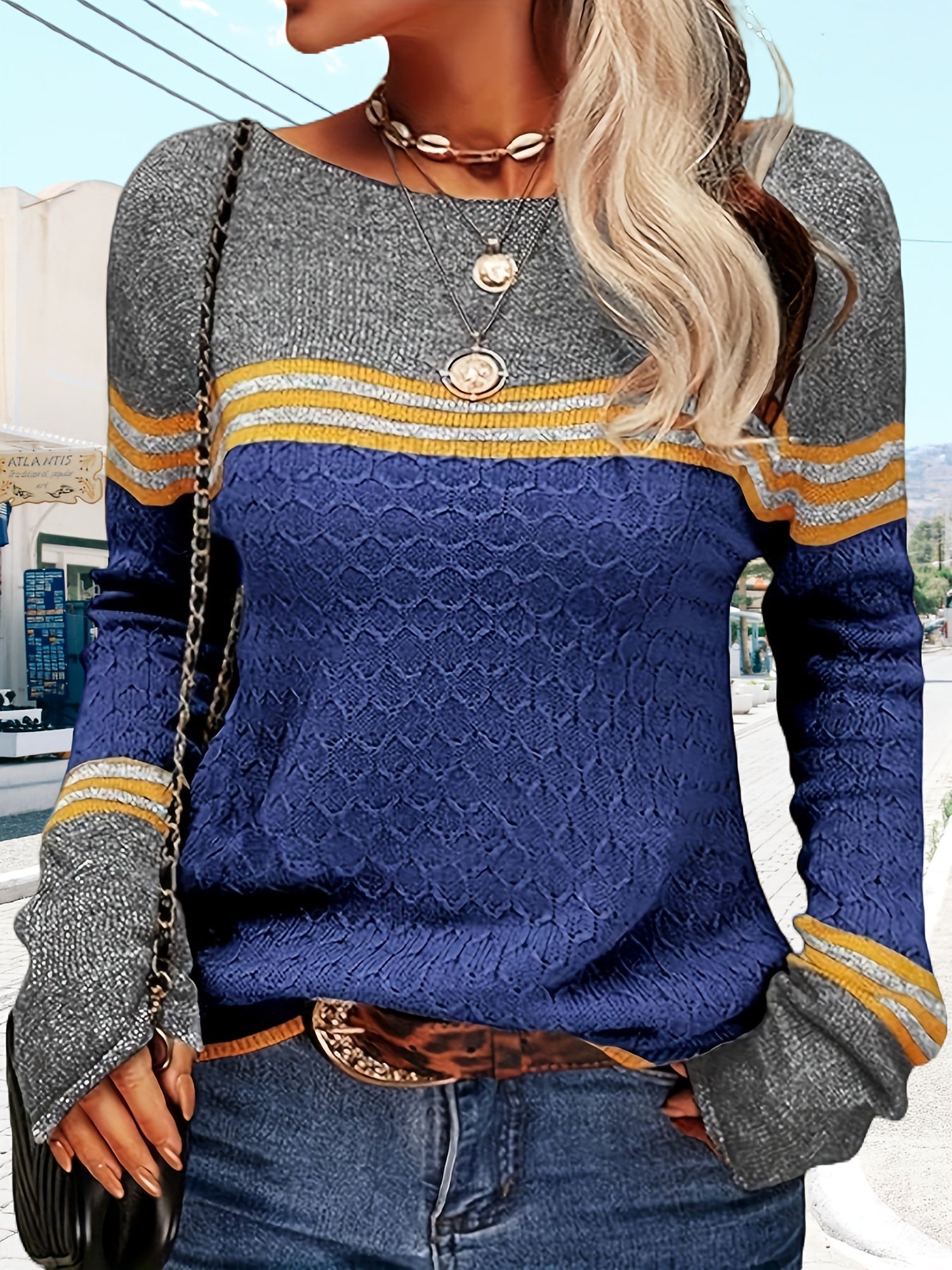Women's Colorblock Pullover Sweater - Crew Neck Long Sleeve detail view