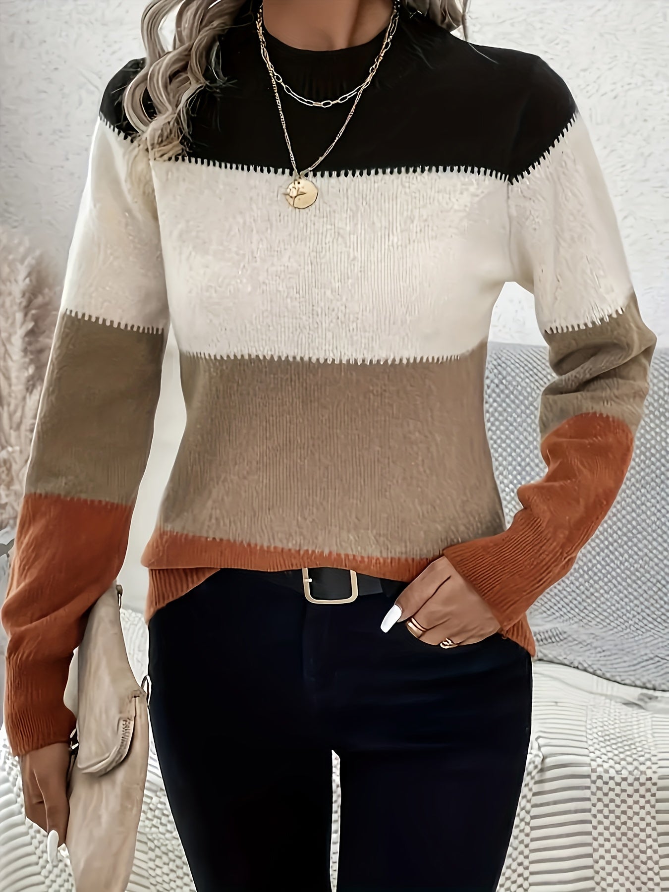Women's Colorblock Pullover Sweater - Regular Fit Crew Neck detail view