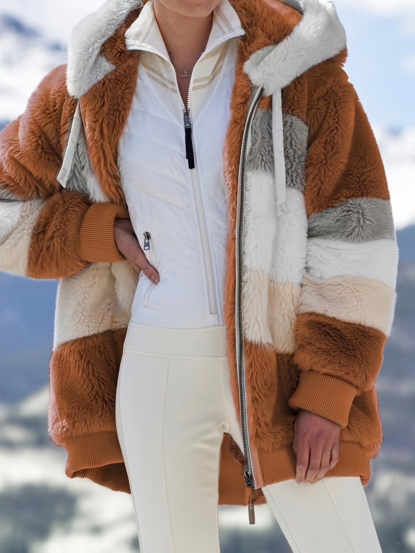 Women's Cozy Denim Zip-Up Coat – Purple / Rust detail view