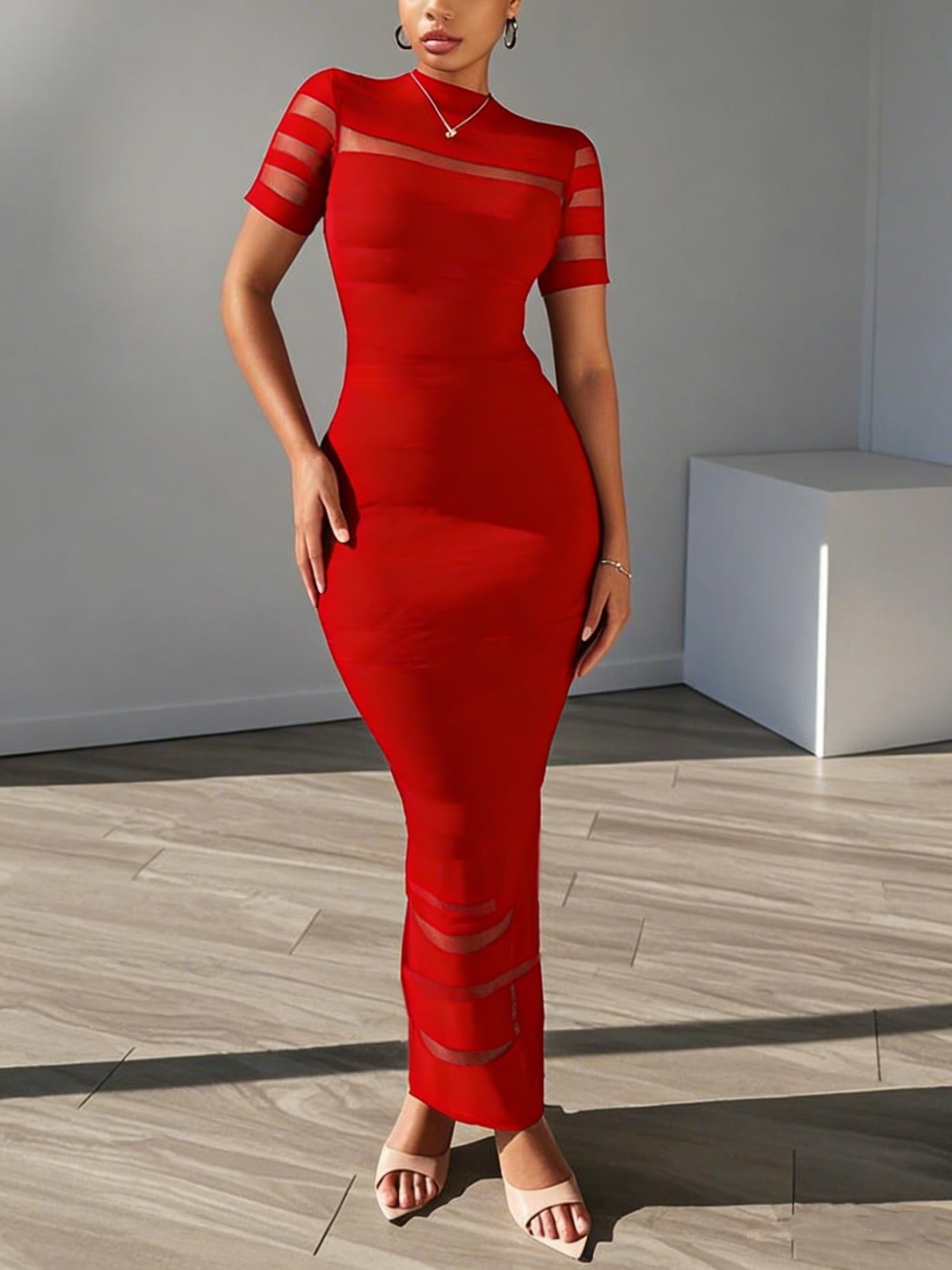 Women's Crew Neck Maxi Bodycon Dress - Short Sleeve detail view