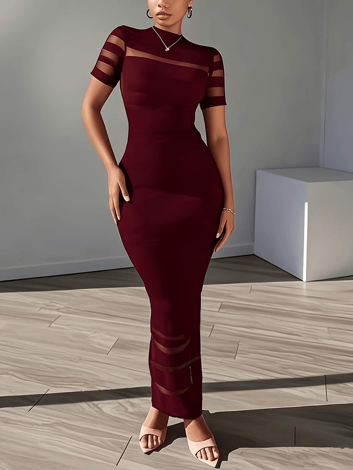 Women's Crew Neck Maxi Bodycon Dress - Short Sleeve detail view