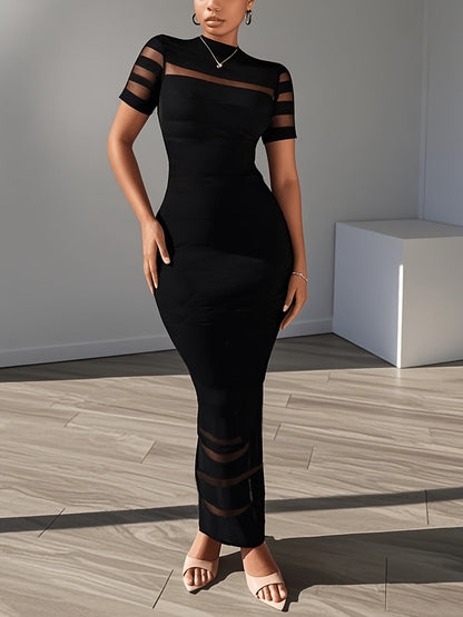 Women's Crew Neck Maxi Bodycon Dress - Short Sleeve detail view