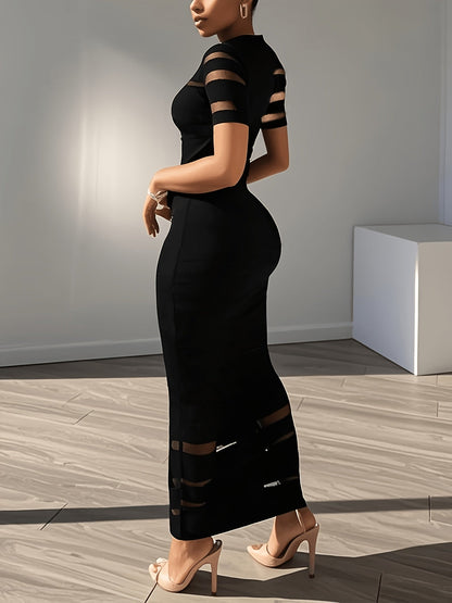 Women's Crew Neck Maxi Bodycon Dress - Short Sleeve detail view