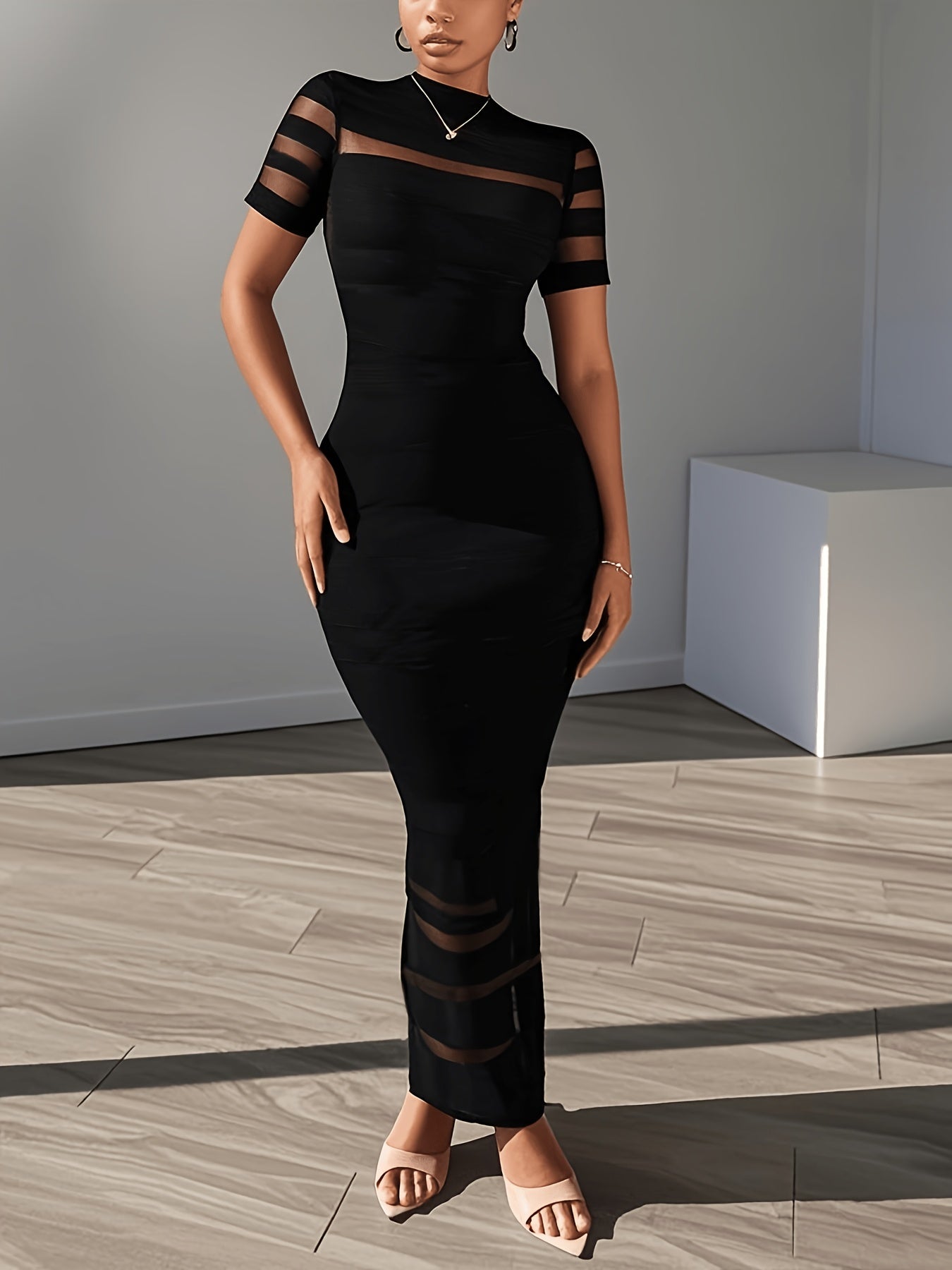 Women's Crew Neck Maxi Bodycon Dress - Short Sleeve – Black option – view 4