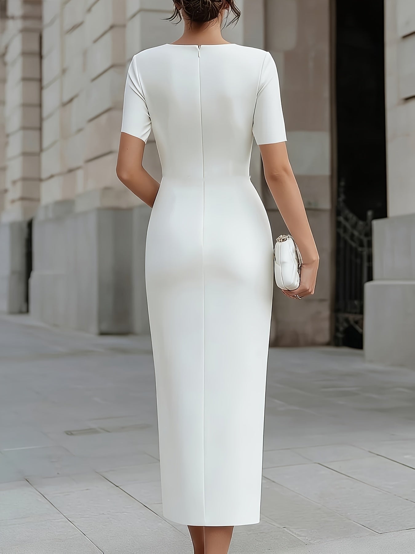 Women's Crew Neck Midi Bodycon Dress – Short Sleeve detail view