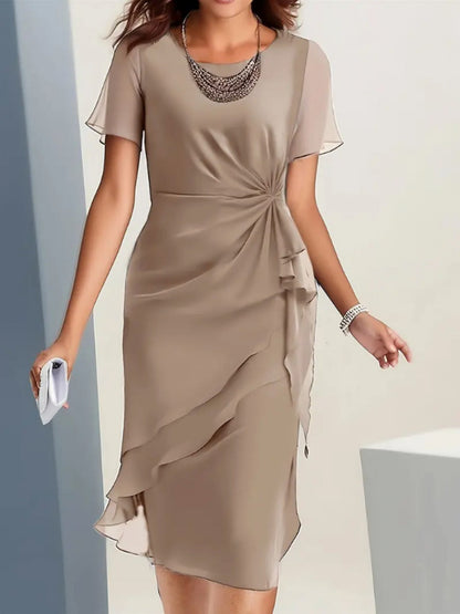 Women's Crew Neck Midi Cocktail Dress – Short Sleeve Party Style – view 2