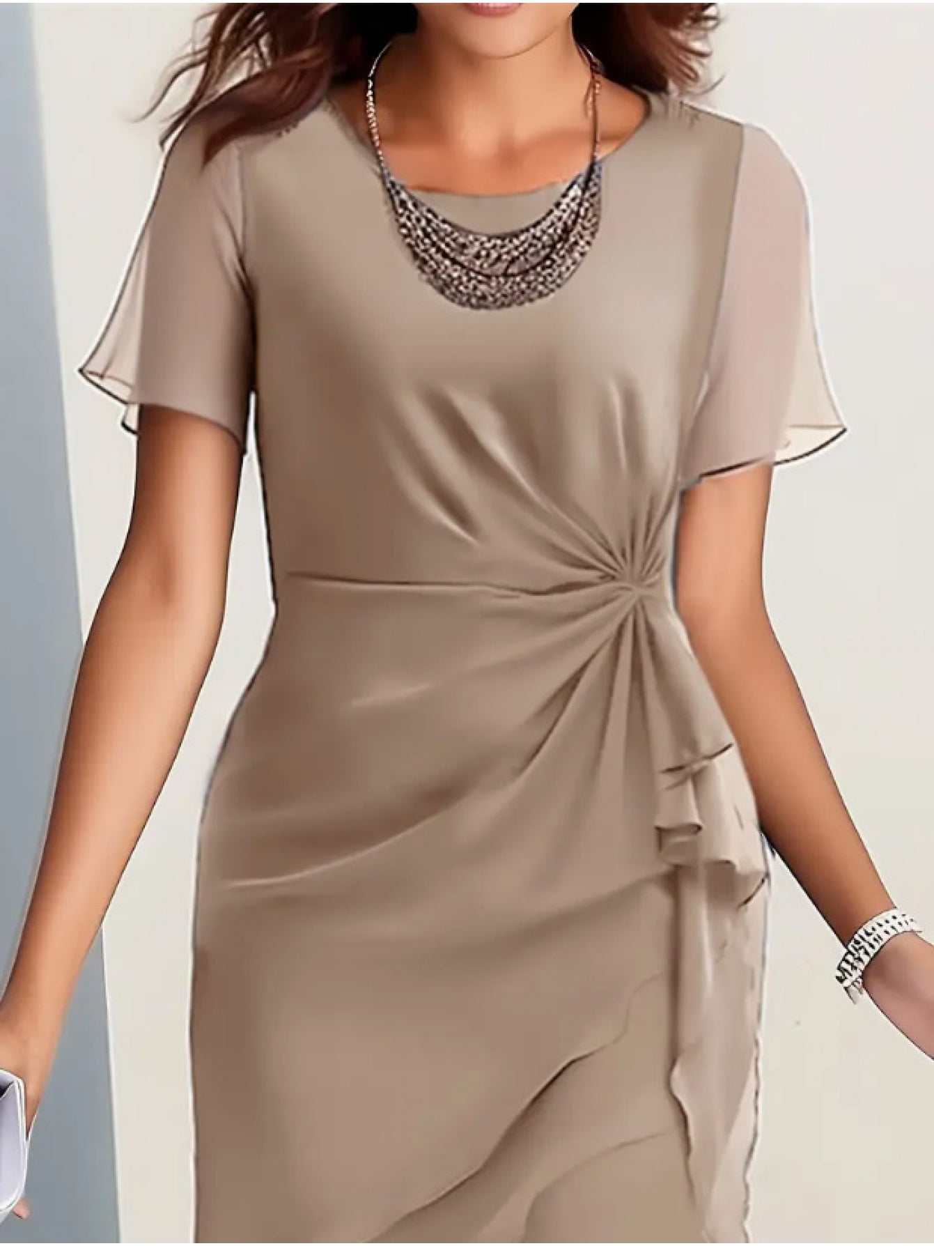 Women's Crew Neck Midi Cocktail Dress – Short Sleeve Party Style detail view