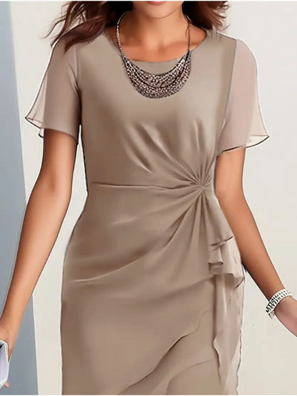 Women's Crew Neck Midi Cocktail Dress – Short Sleeve Party Style detail view