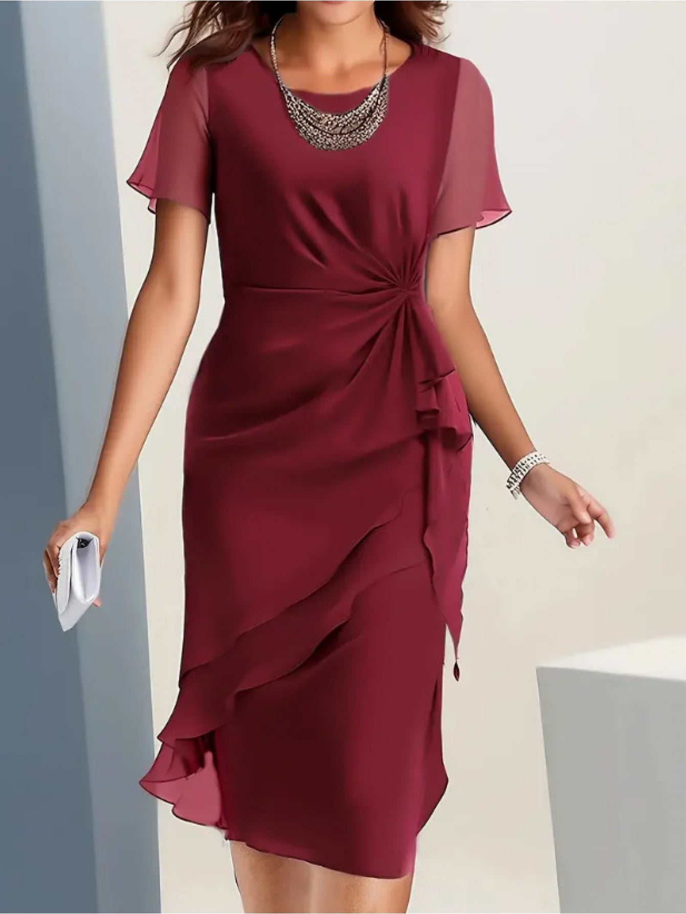 Women's Crew Neck Midi Cocktail Dress – Short Sleeve Party Style detail view