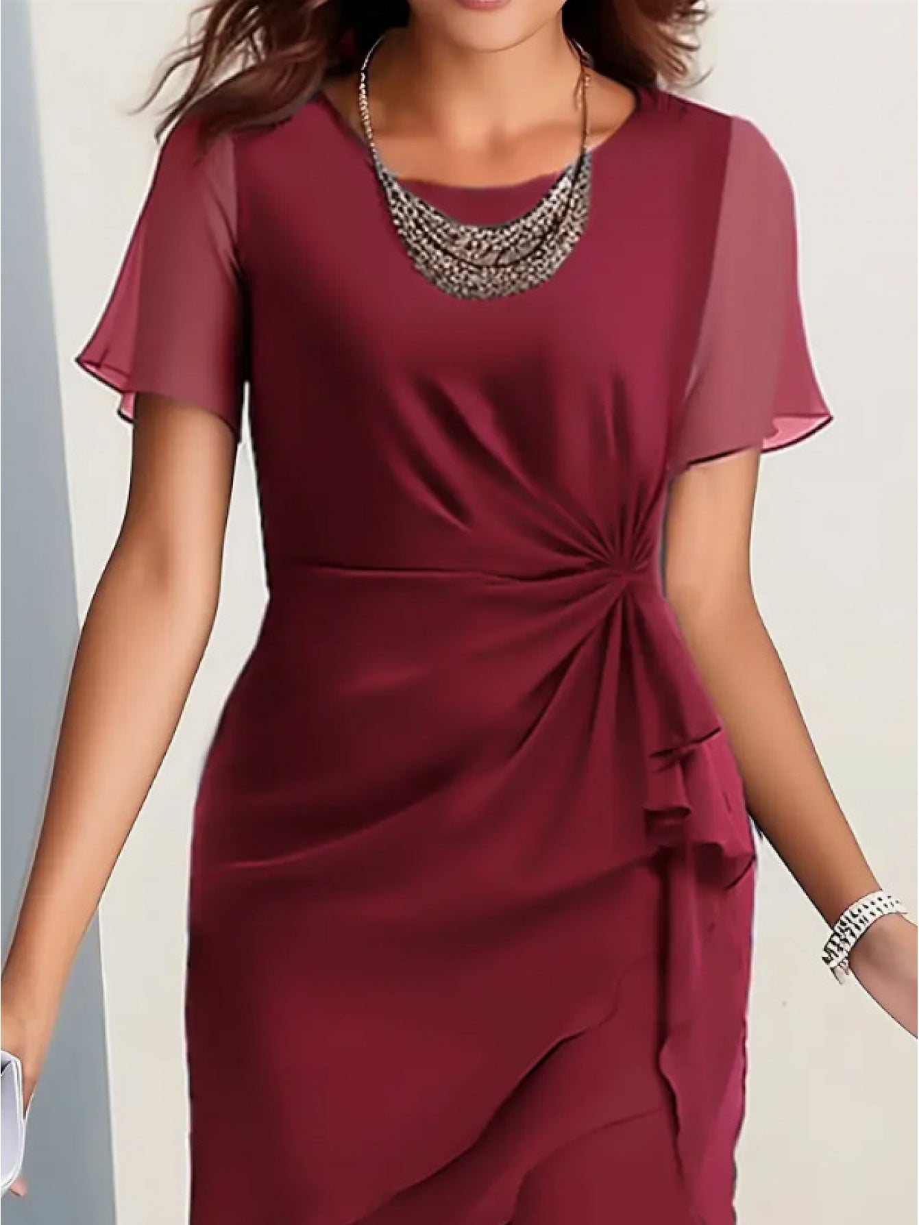 Women's Crew Neck Midi Cocktail Dress – Short Sleeve Party Style detail view