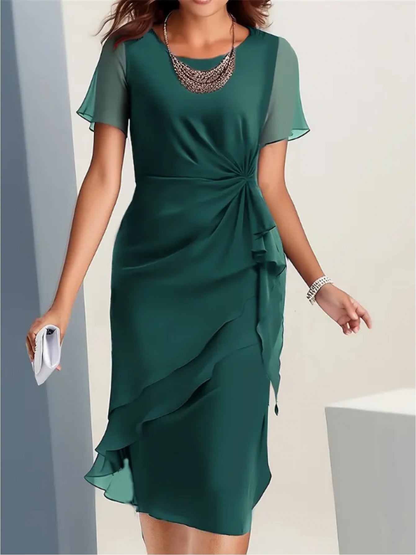 Women's Crew Neck Midi Cocktail Dress – Short Sleeve Party Style detail view