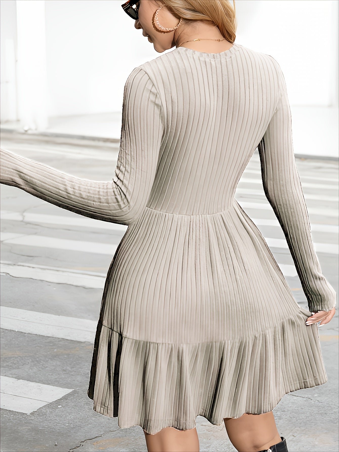 Women's Crew Neck Mini A-Line Dress - Ruffle detail view