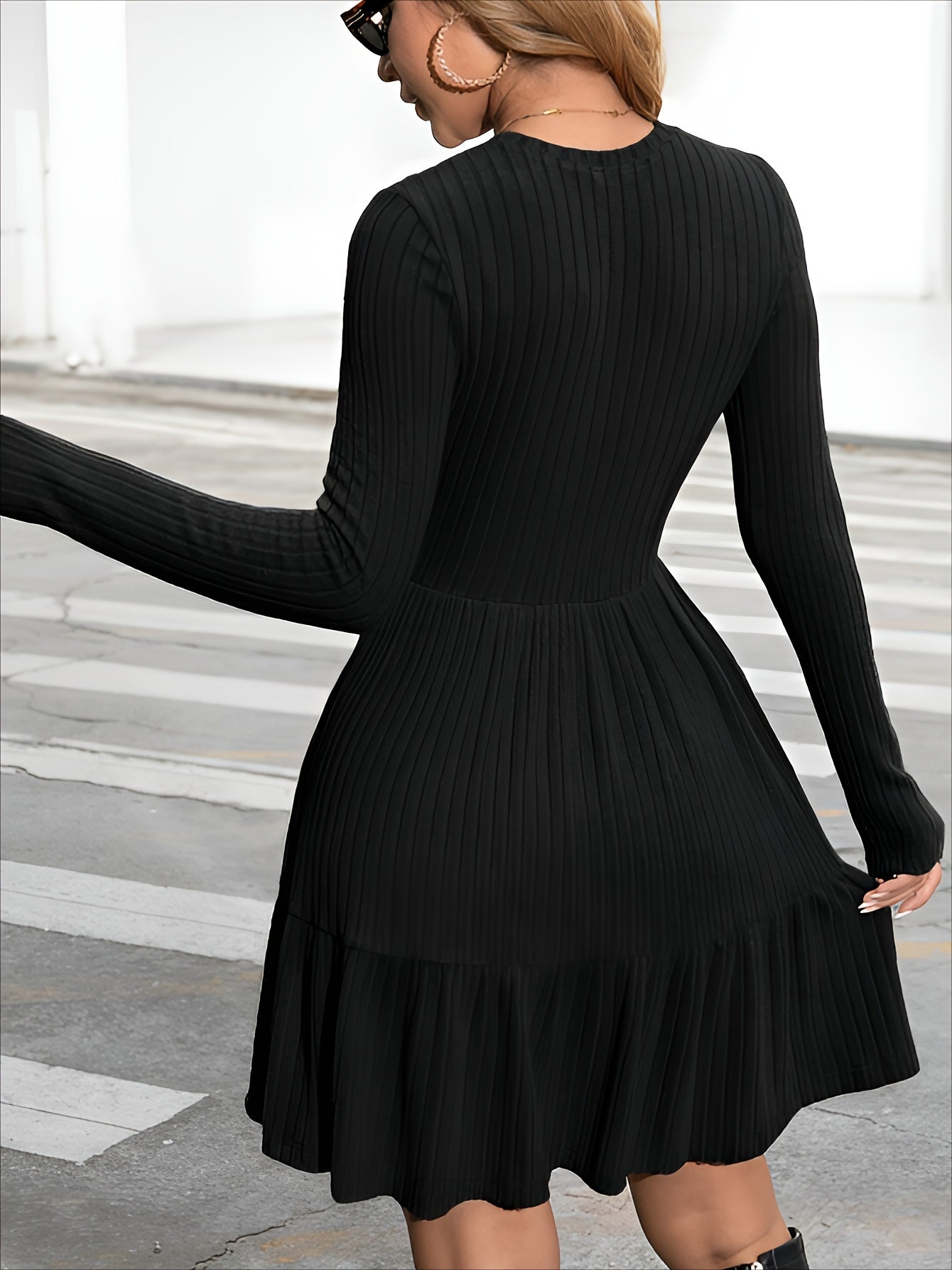Women's Crew Neck Mini A-Line Dress - Ruffle detail view