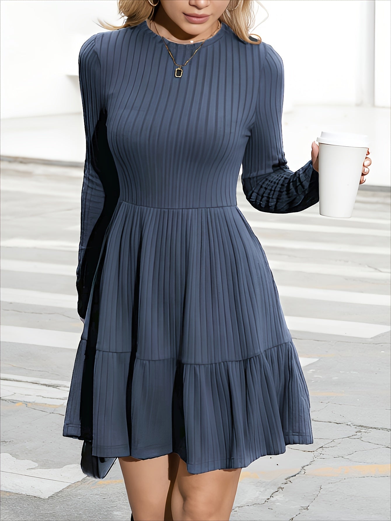 Women's Crew Neck Mini A-Line Dress - Ruffle detail view