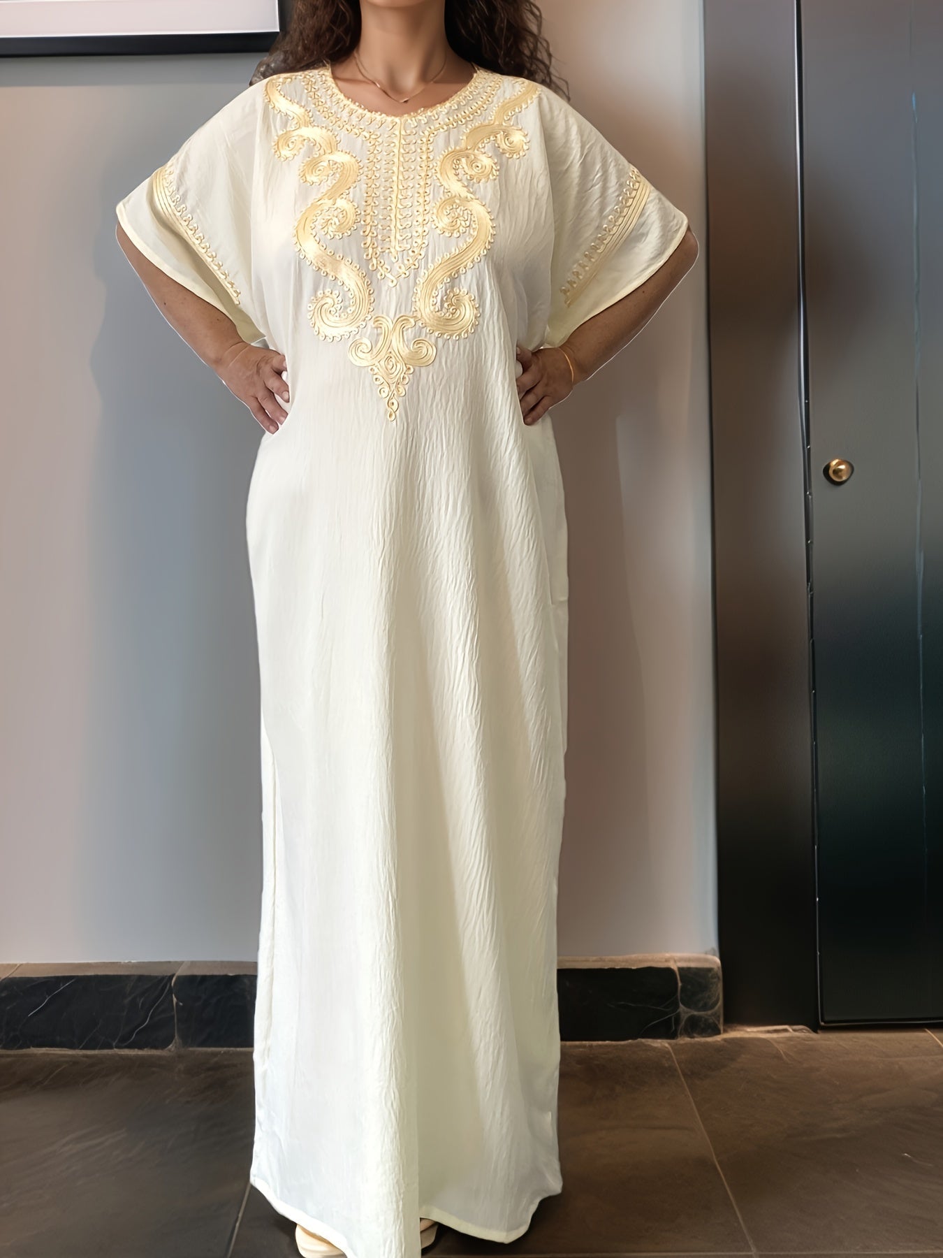 Women's Crew Neck Mini Kaftan Dress - Short Sleeve detail view