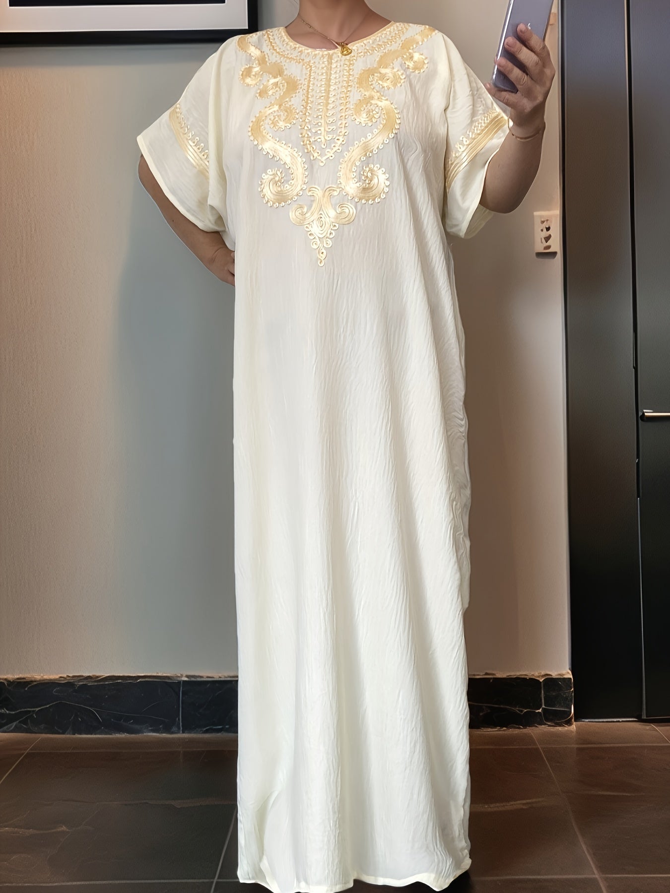 Women's Crew Neck Mini Kaftan Dress - Short Sleeve detail view