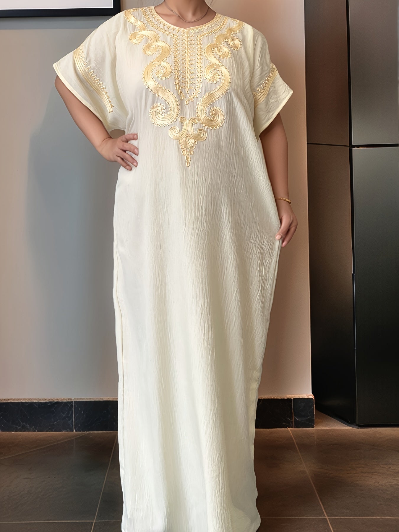 Women's Crew Neck Mini Kaftan Dress - Short Sleeve detail view