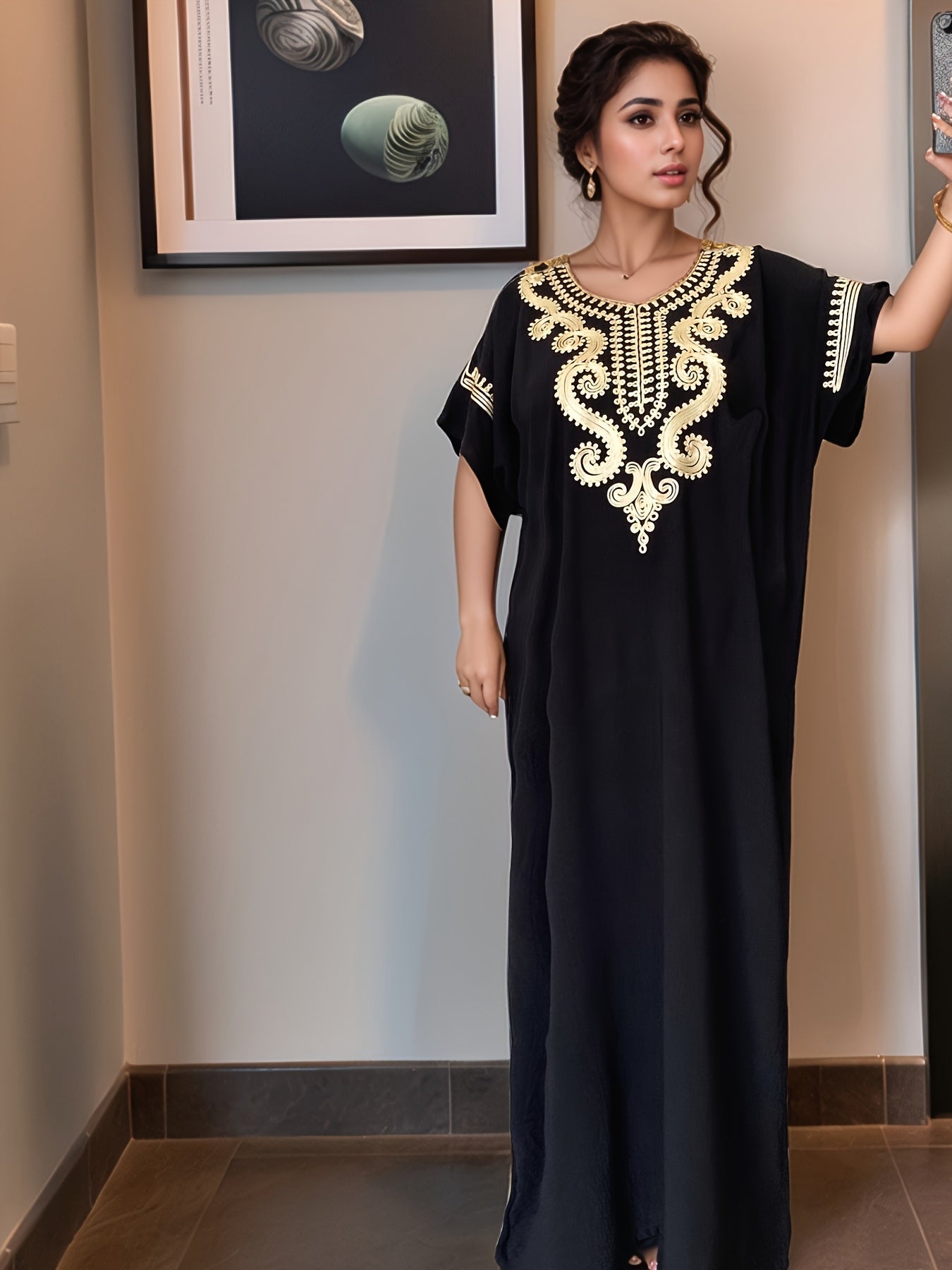 Women's Crew Neck Mini Kaftan Dress - Short Sleeve detail view