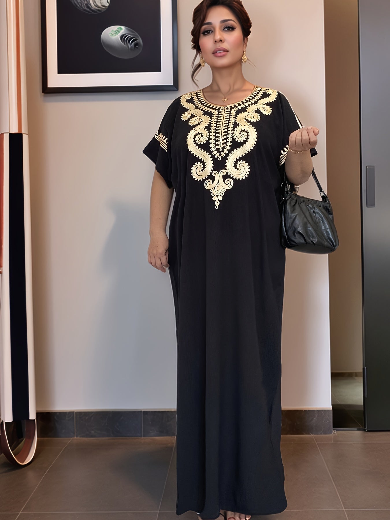 Women's Crew Neck Mini Kaftan Dress - Short Sleeve – Black option – main product image