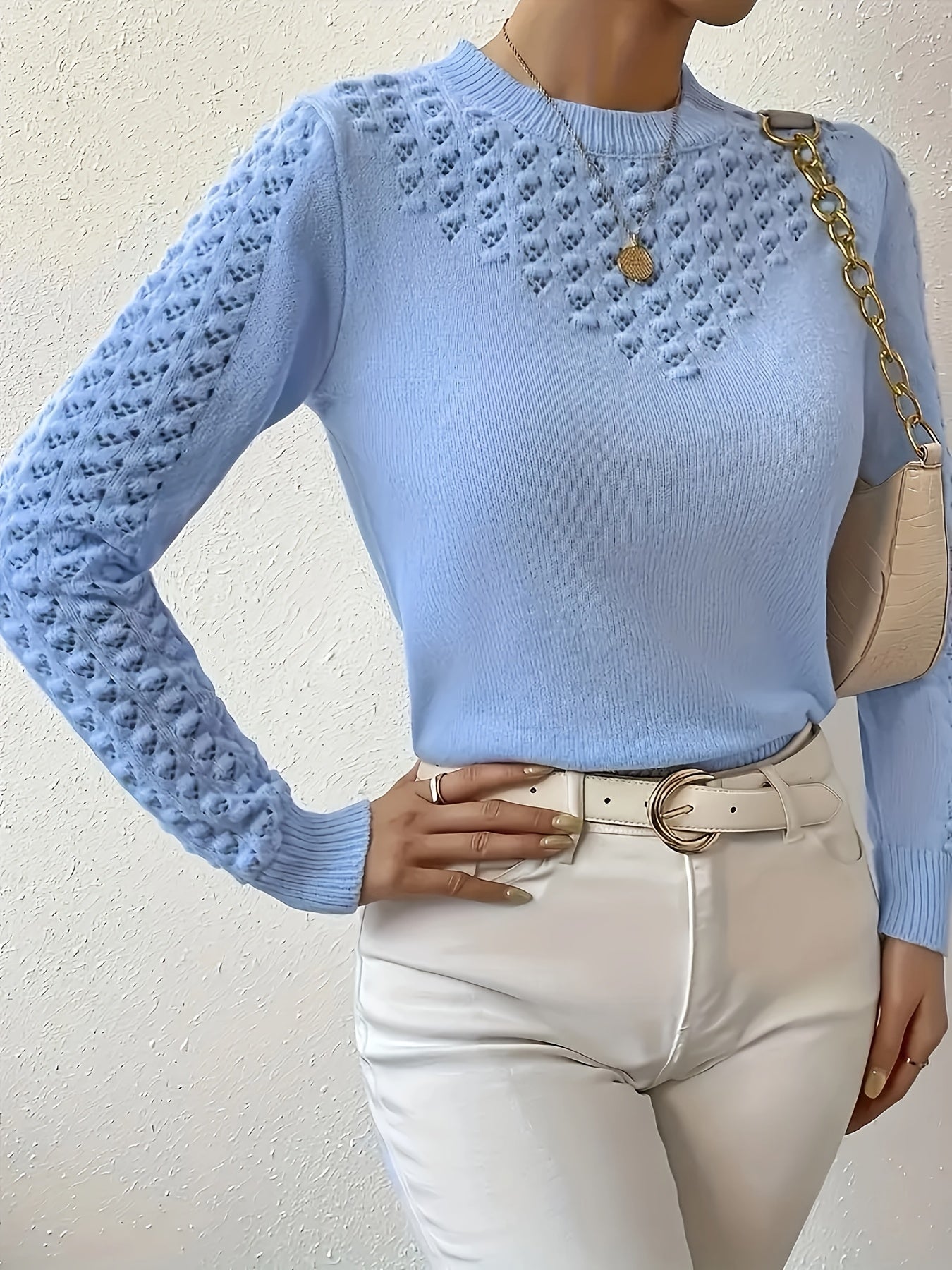 Women's Crew Neck Pocket Sweater - Light Blue Ribbed Style detail view