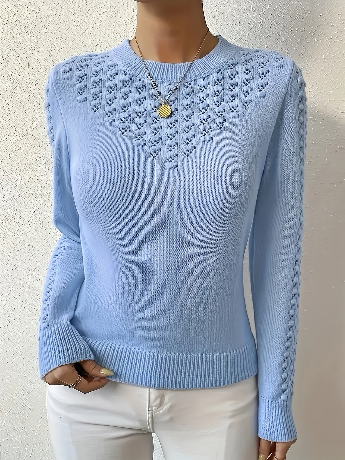 Women's Crew Neck Pocket Sweater - Light Blue Ribbed Style detail view