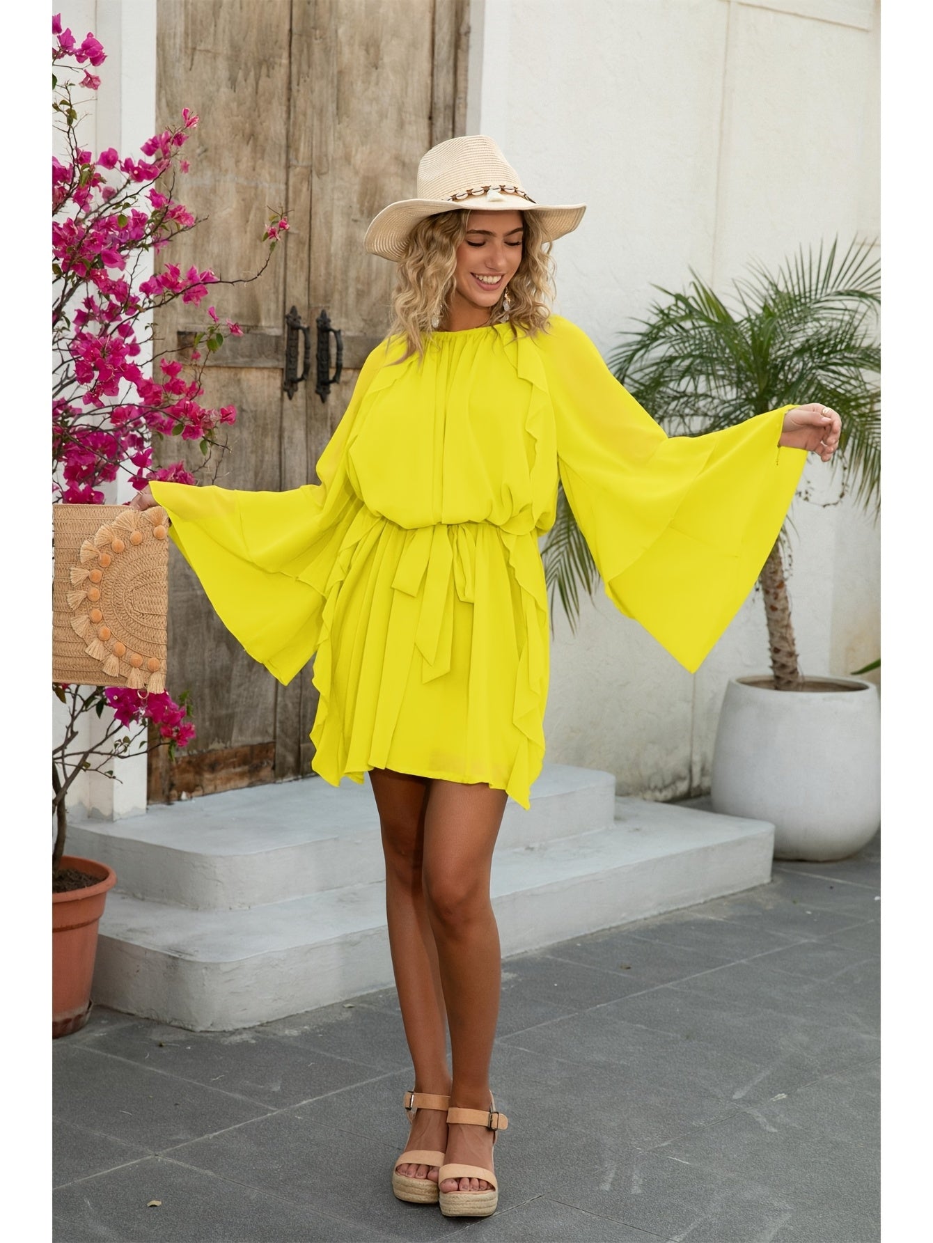 Women's Crew Neck Vacation Dress - Ruffle detail view