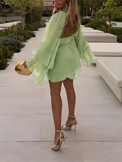Women's Crew Neck Vacation Dress - Ruffle detail view