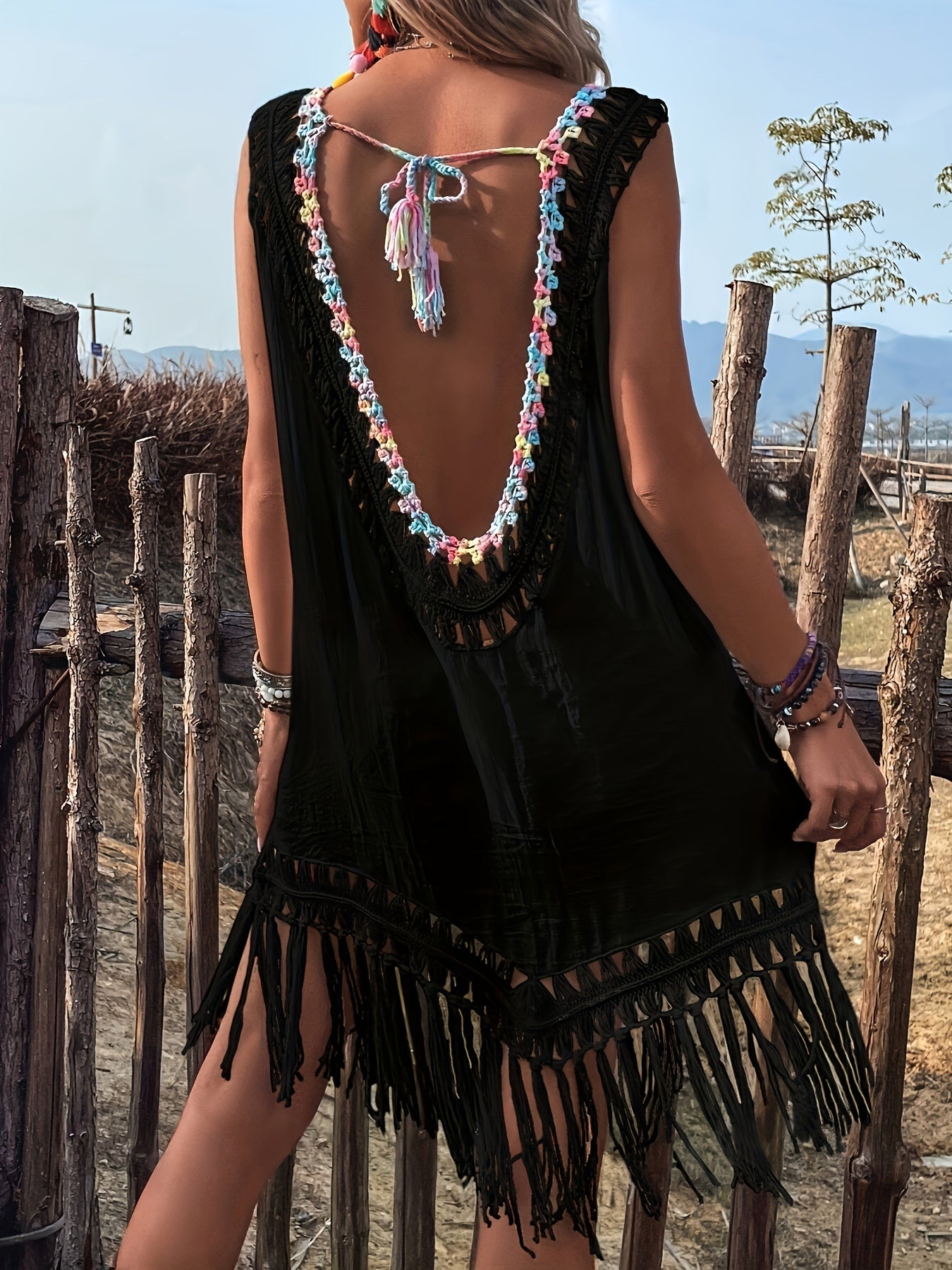 Women's Crochet Fringe Beach Cover-Up - V-Neck Pullover Swim Tunic detail view