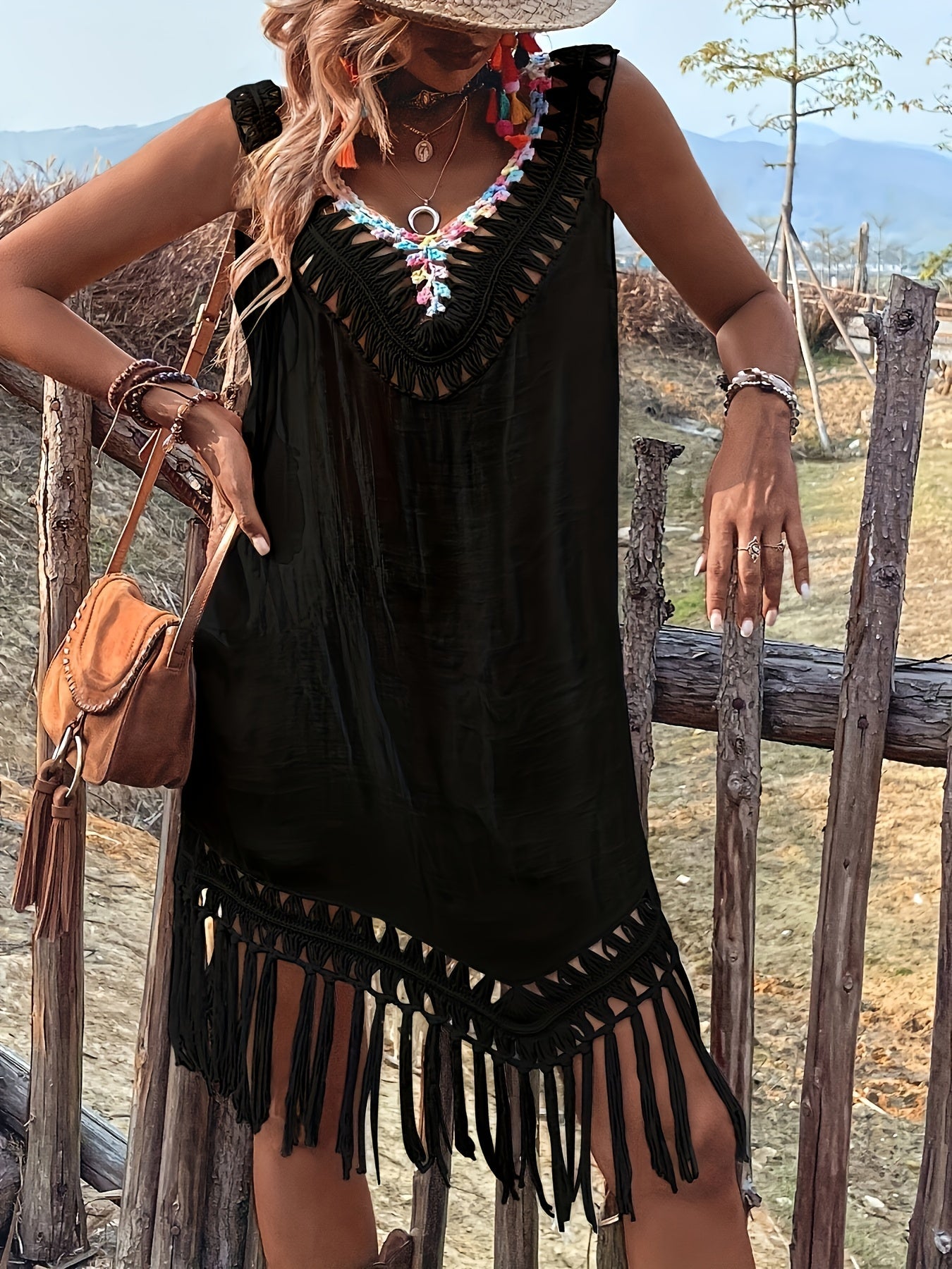 Women's Crochet Fringe Beach Cover-Up - V-Neck Pullover Swim Tunic detail view