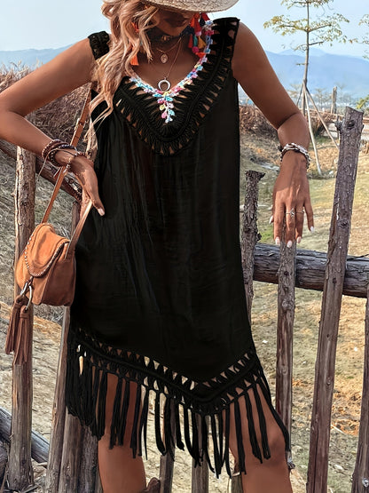 Women's Crochet Fringe Beach Cover-Up - V-Neck Pullover Swim Tunic detail view