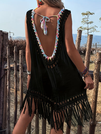 Women's Crochet Fringe Beach Cover-Up - V-Neck Pullover Swim Tunic detail view