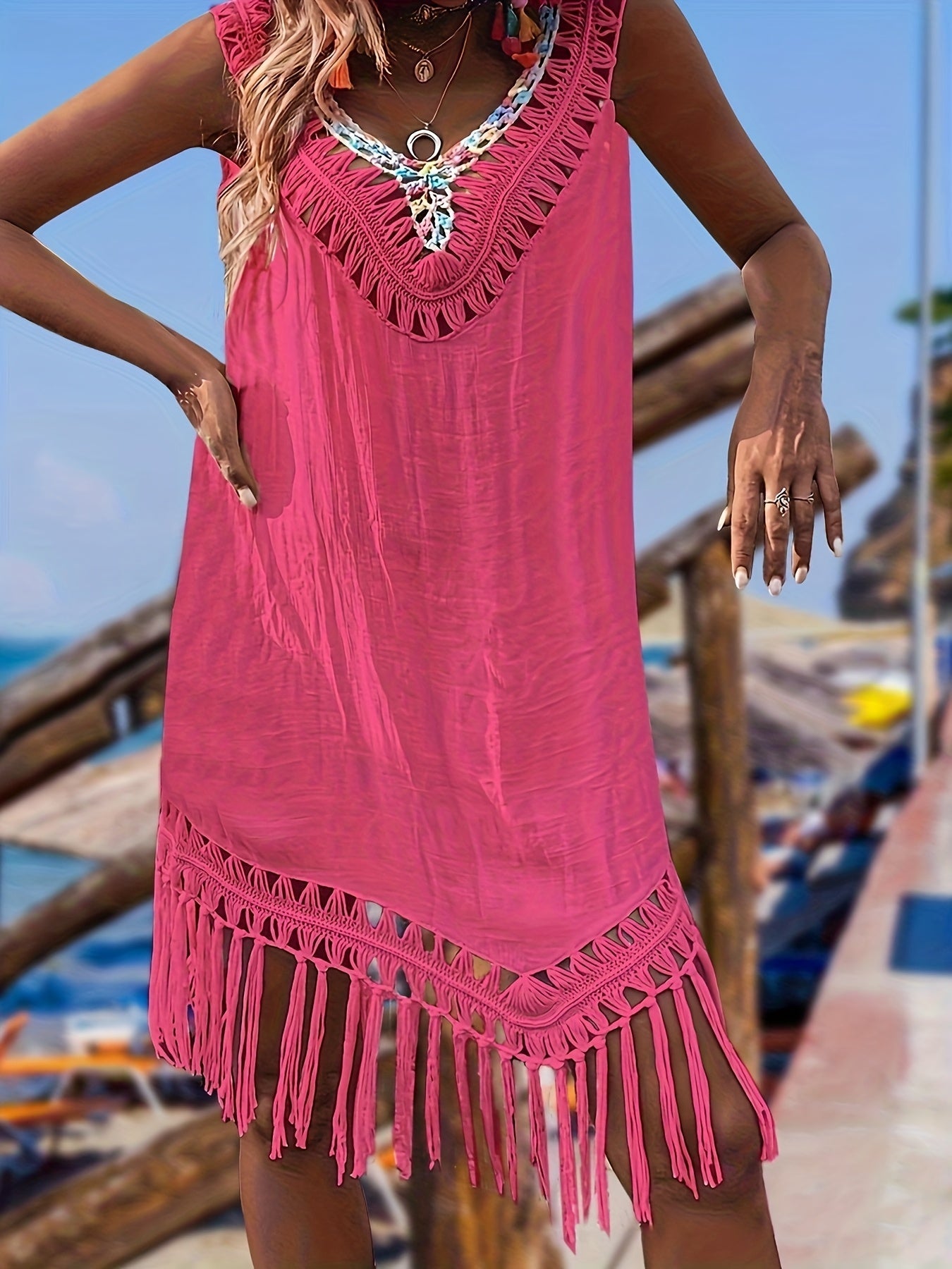Women's Crochet Fringe Beach Cover-Up - V-Neck Pullover Swim Tunic – Apricot option – view 4