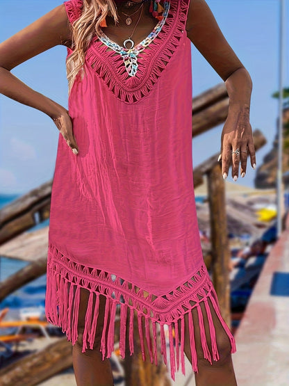 Women's Crochet Fringe Beach Cover-Up - V-Neck Pullover Swim Tunic – Apricot option – view 4