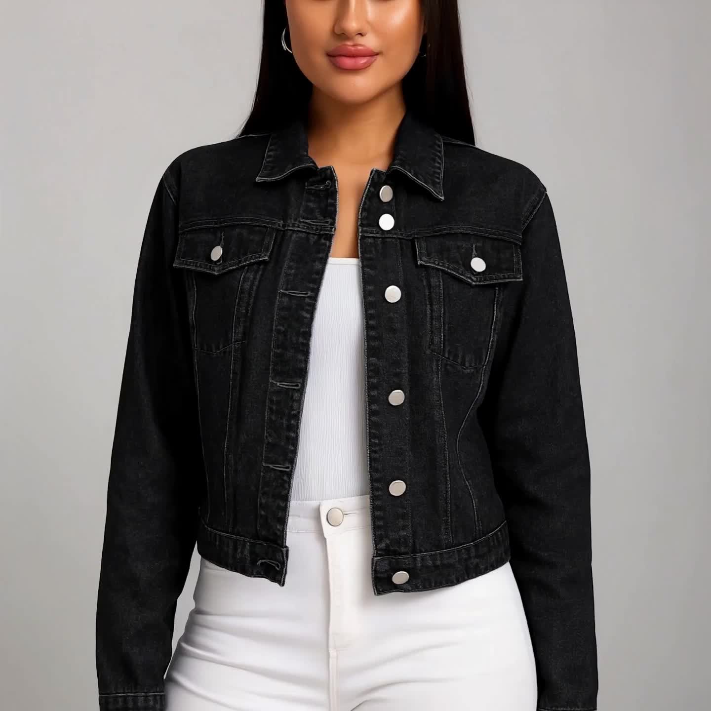Women's Cropped Denim Button-Front Jacket – Black / 5-Variant Selection – view 4