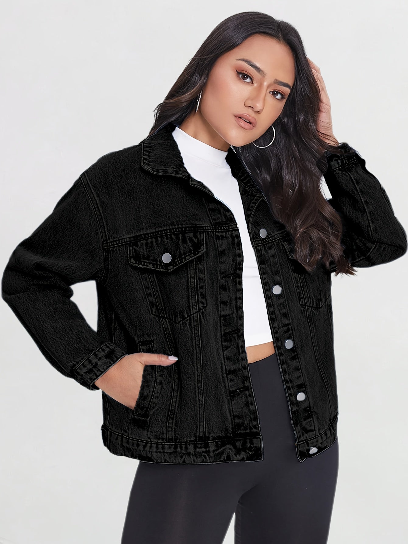 Women's Cropped Denim Button-Front Jacket – Black / 5-Variant Selection – view 8
