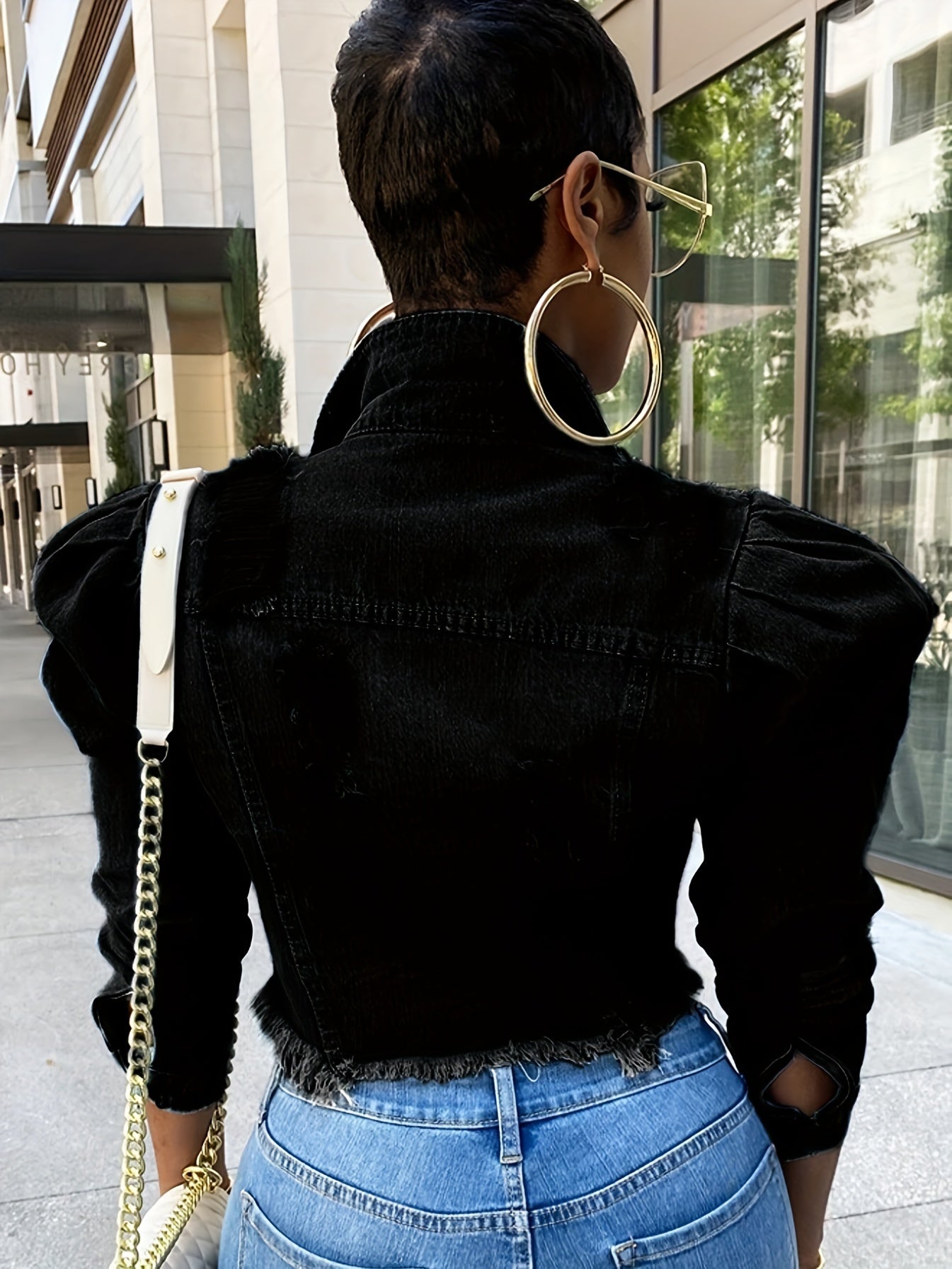 Women's Cropped Denim Button-Front Jacket – Black / Light Blue – view 3