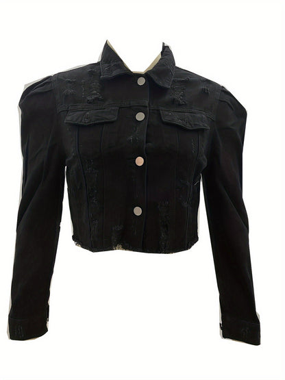 Women's Cropped Denim Button-Front Jacket – Black / Light Blue – view 8
