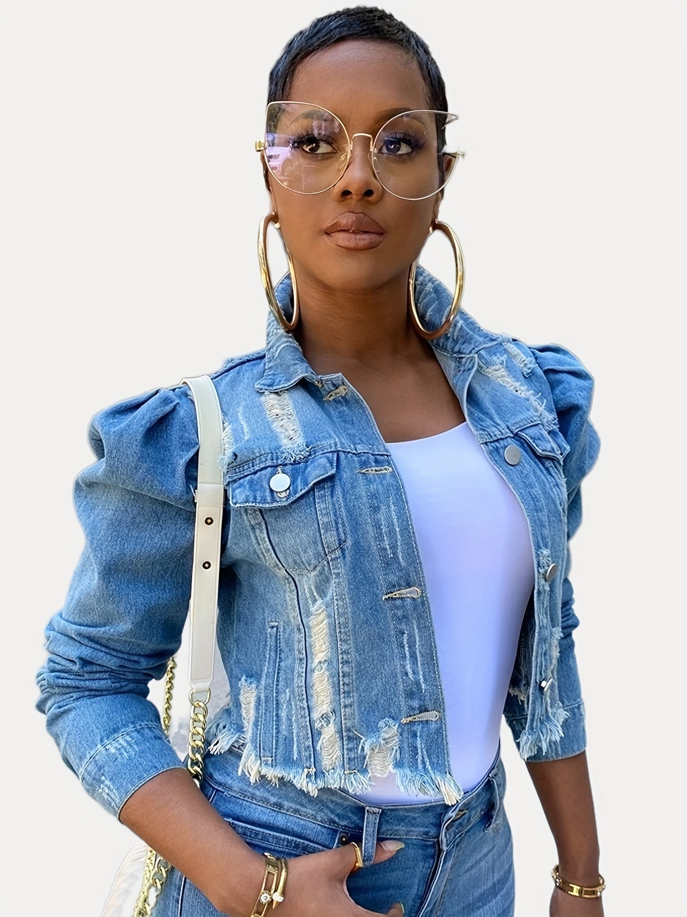 Women's Cropped Denim Button-Front Jacket – Black / Light Blue – Black option – main product image