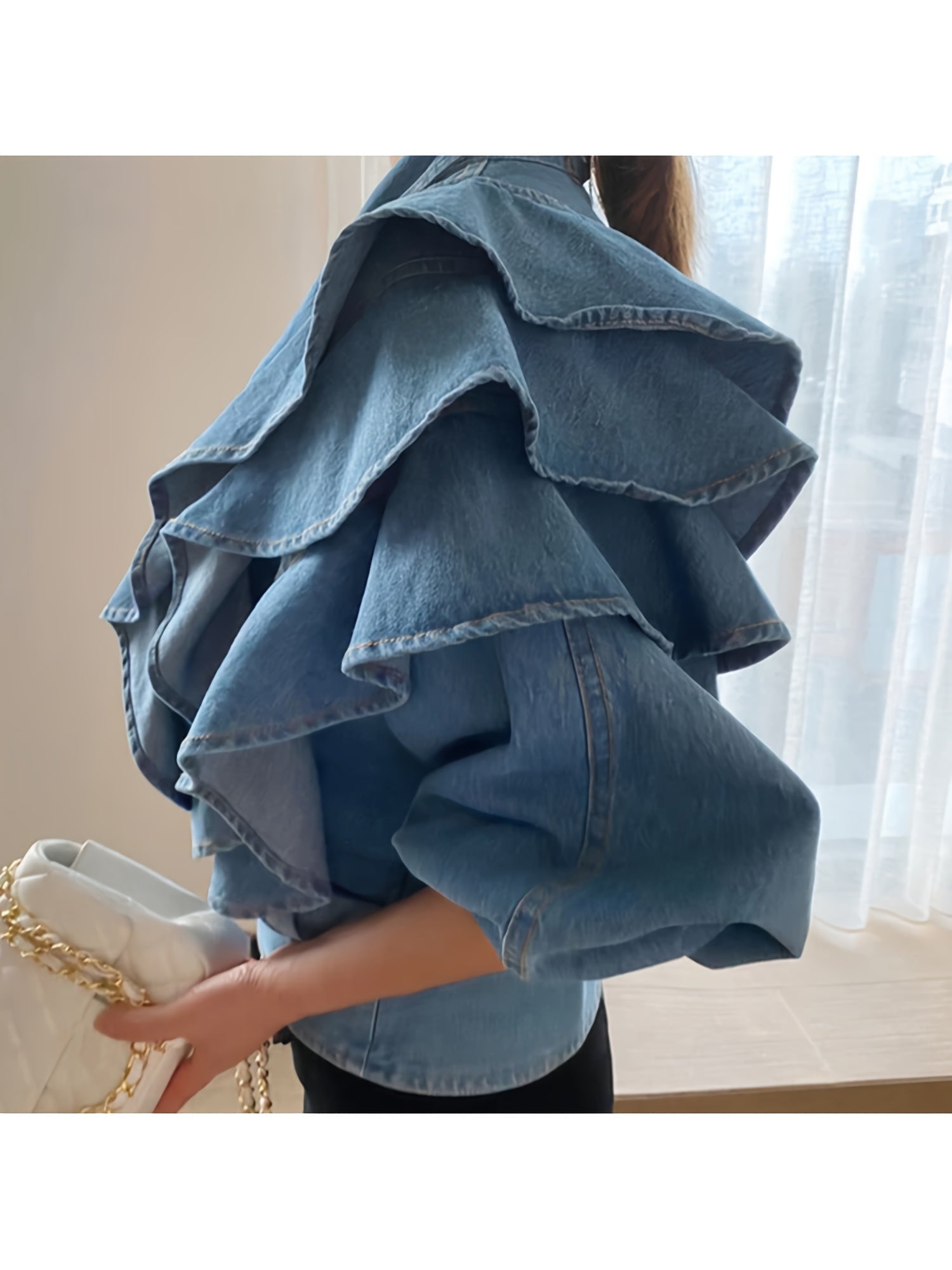 Women's Cropped Denim Button-Front Jacket – Blue detail view
