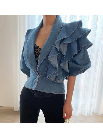 Women's Cropped Denim Button-Front Jacket – Blue detail view