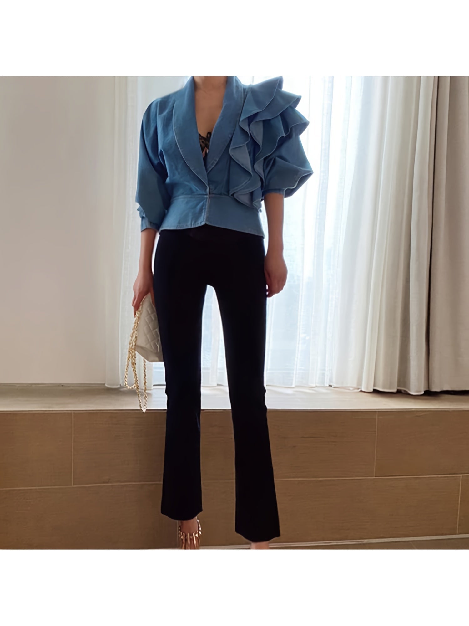 Women's Cropped Denim Button-Front Jacket – Blue detail view