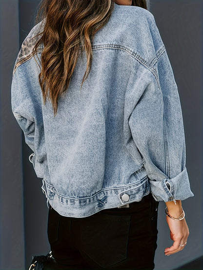 Women's Cropped Denim Leopard Print Jacket detail view