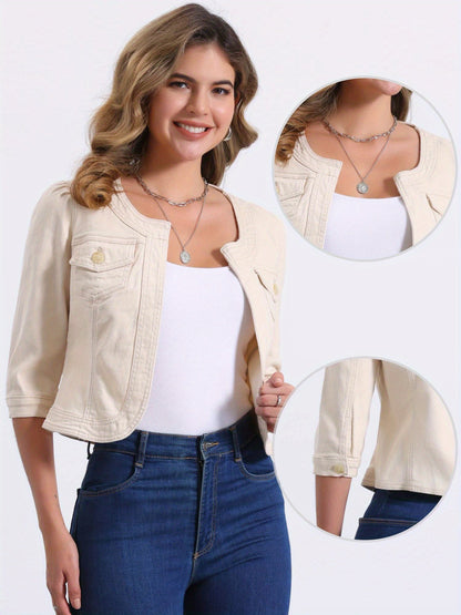 Women's Cropped Denim Open-Front Jacket detail view