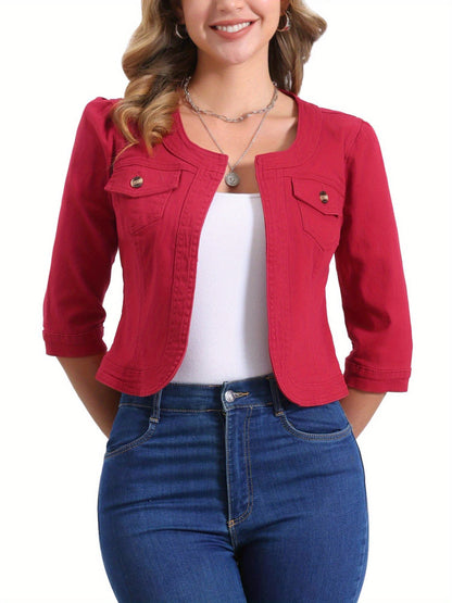 Women's Cropped Denim Open-Front Jacket – Brown option – view 2
