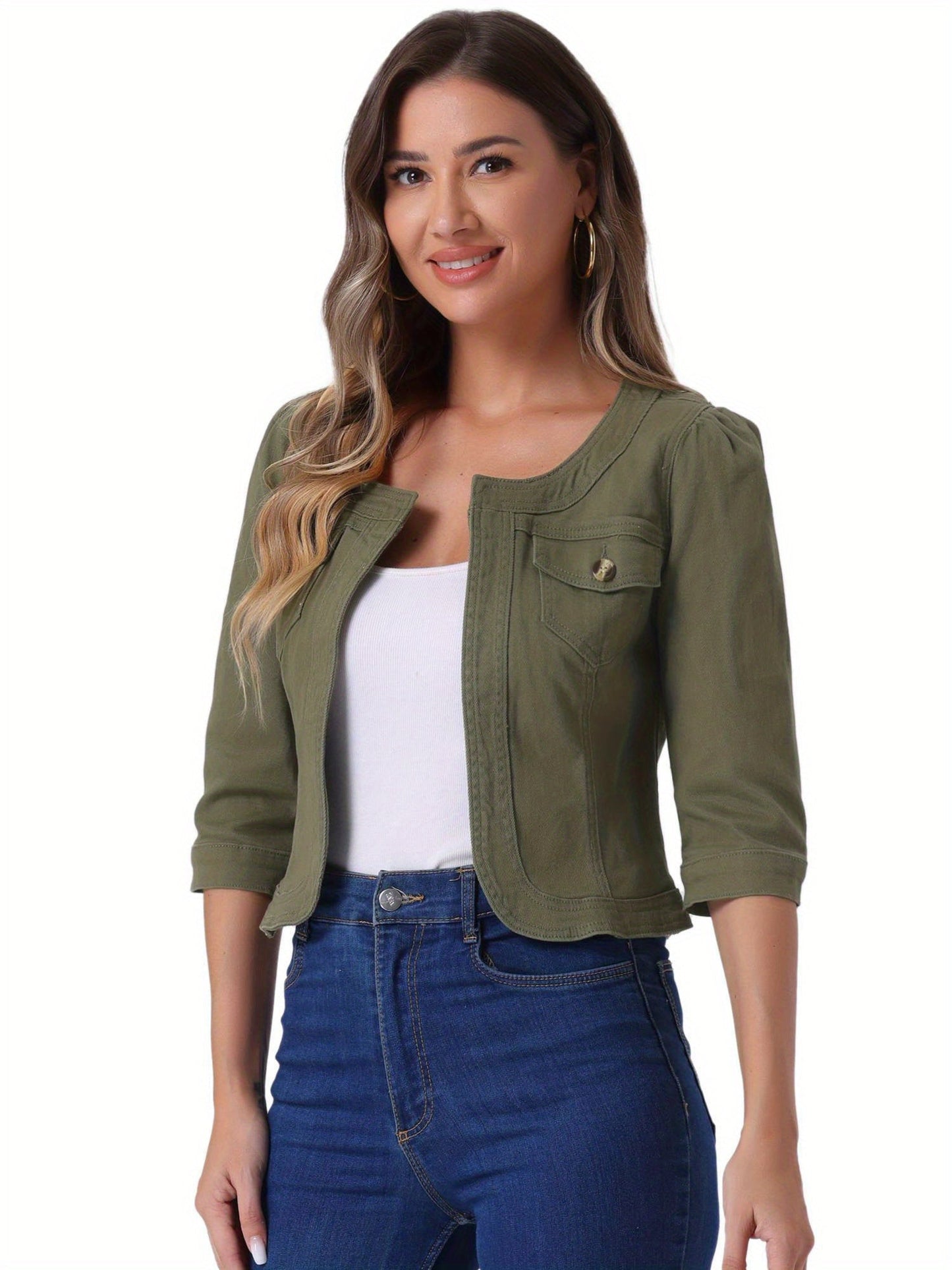 Women's Cropped Denim Open-Front Jacket – Brown option – view 3