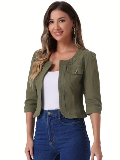 Women's Cropped Denim Open-Front Jacket – Brown option – view 3