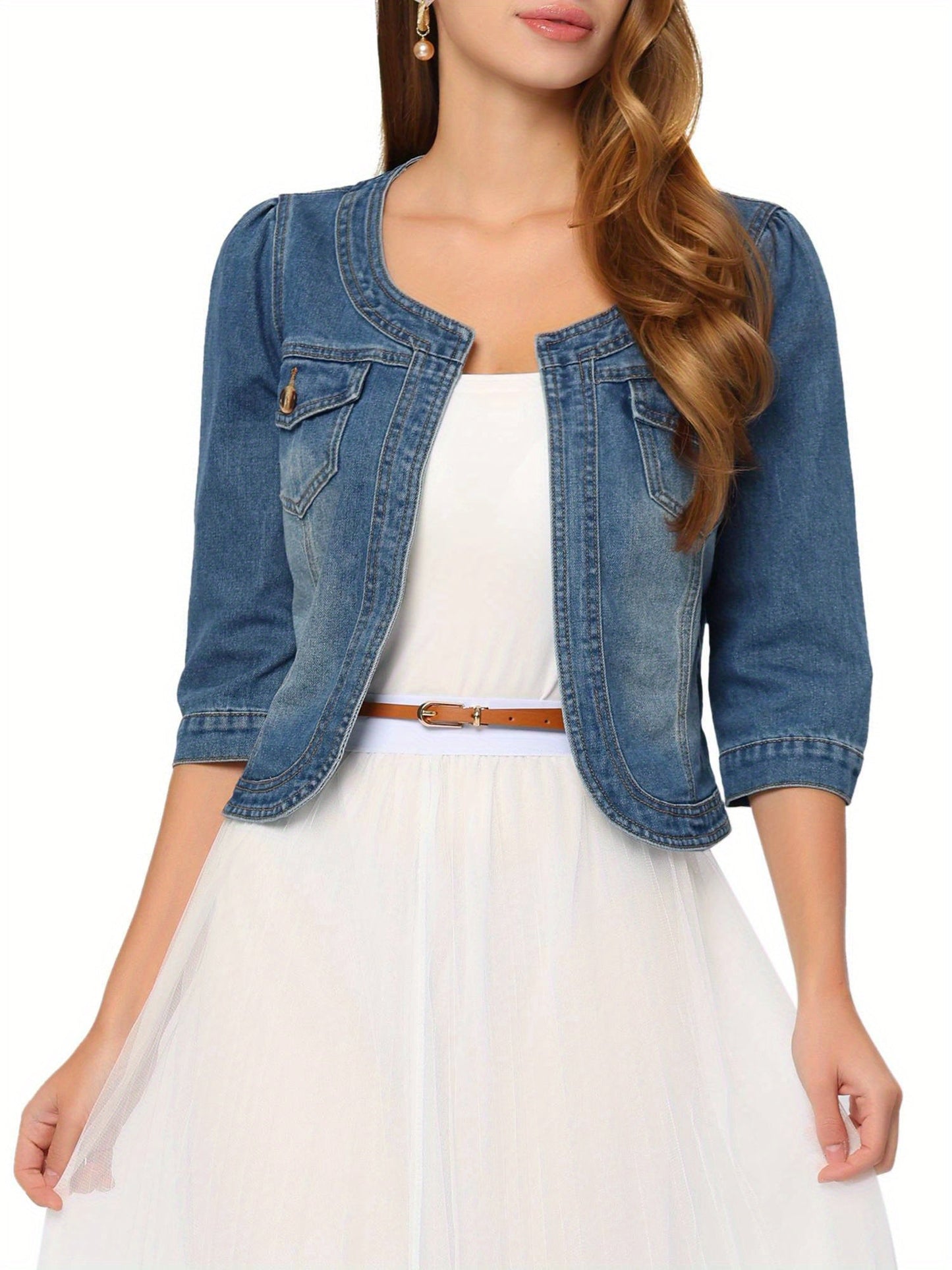 Women's Cropped Denim Open-Front Jacket – Brown option – view 4