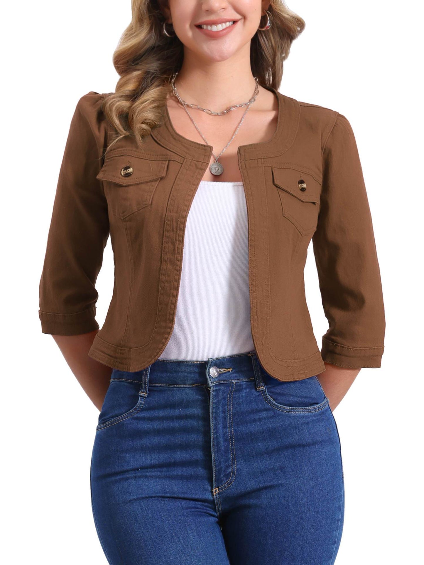 Women's Cropped Denim Open-Front Jacket – Brown option – view 5